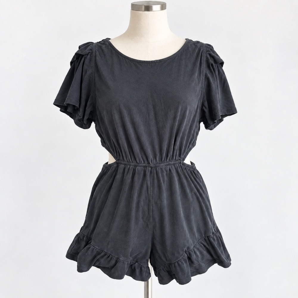 Willow & Root Charcoal Grey Cut Out Ruffle Hem Romper Small